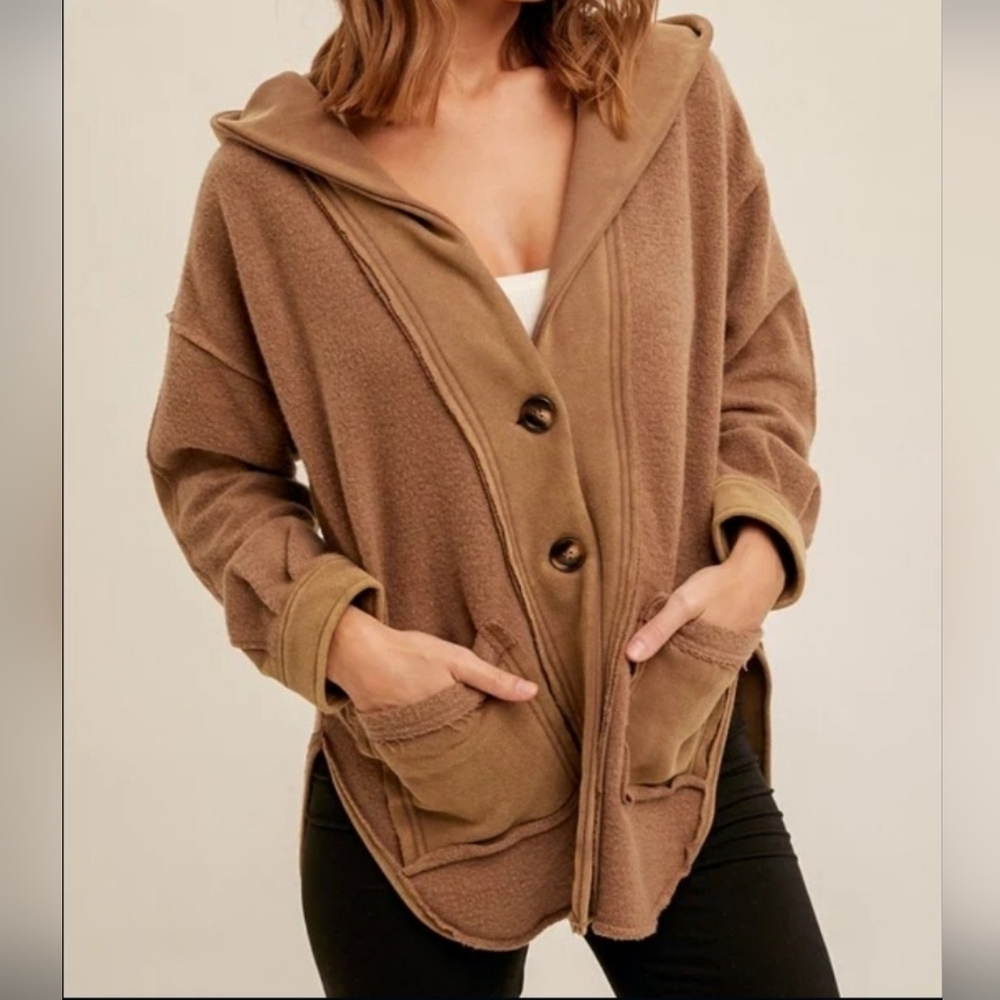 Hem & Thread‎ Camel-Brown Washed Fleece Hooded Cardigan